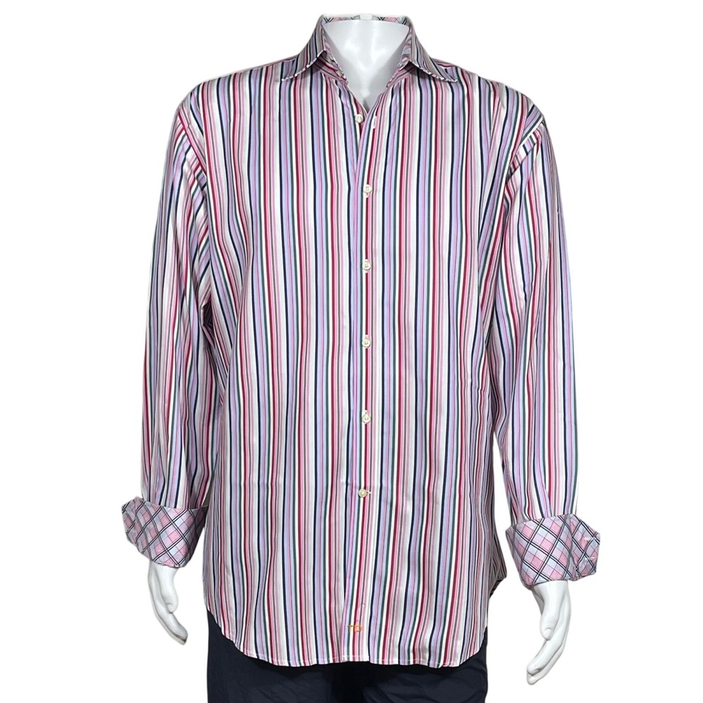 Thomas Dean XL Mens Striped Button Up Shirt 100% Pima Cotton Contrast Cuffs